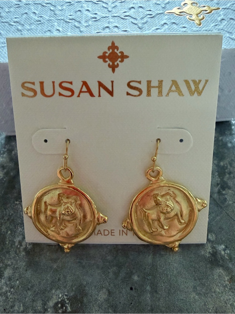 Susan Shaw Gold Bulldog Medallion Drop Earrings